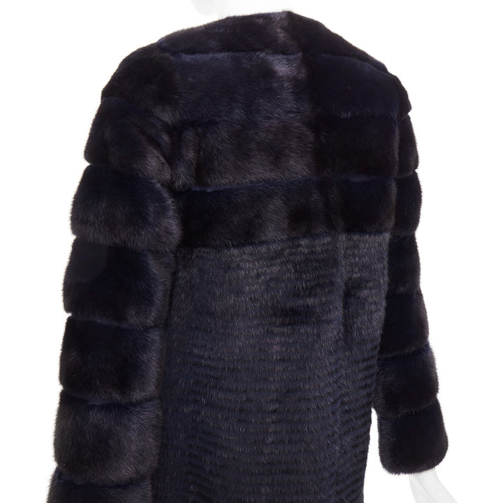 YVES SALOMON KIDS black navy horizontal mink fur work collarless coat Y12