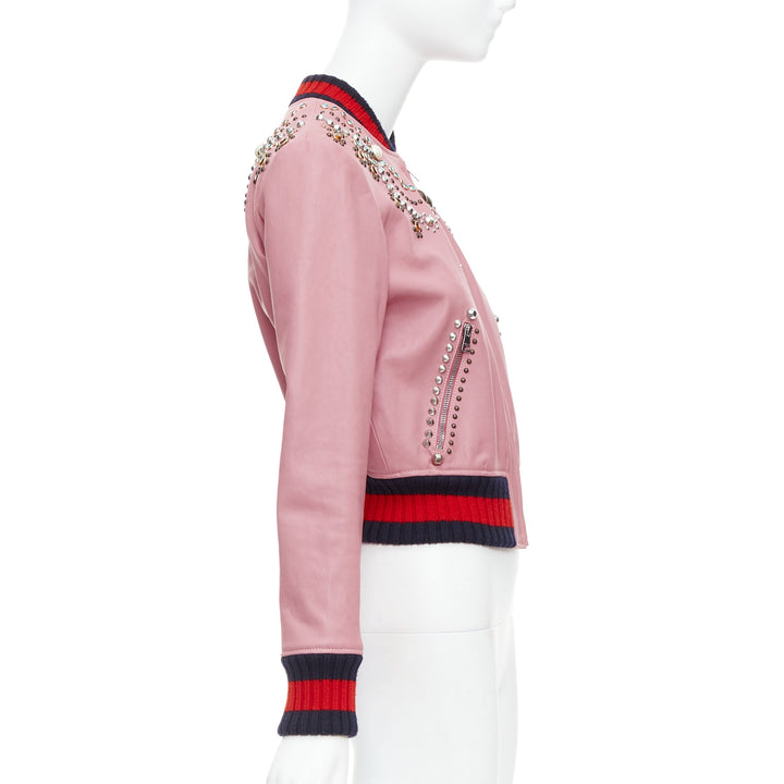 GUCCI pink lambskin pearl embellished web trim crop bomber IT40 S