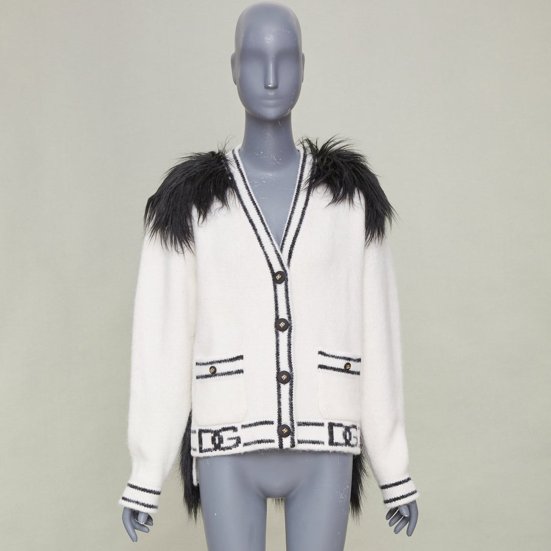 DOLCE GABBANA 2021 Runway faux fur panel logo alpaca knitwear cardigan IT38 XS