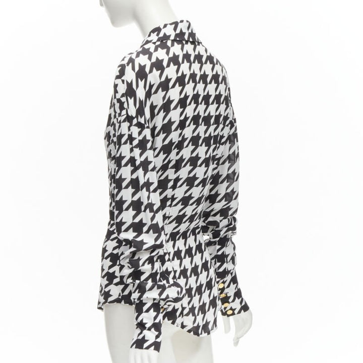 BALMAIN  black white houndstooth viscose gold B button long sleeve blouse FR38 S