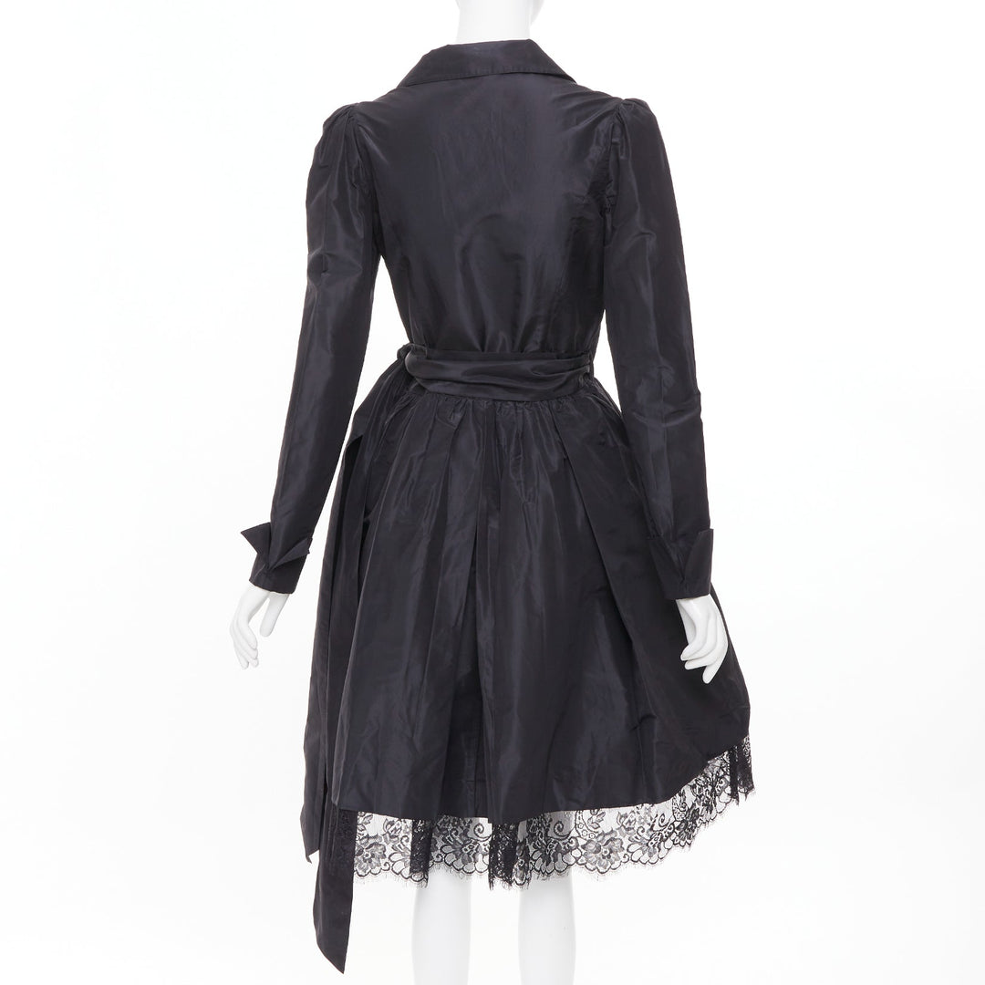 DIANE VON FURSTENBERG black scalloped lace hem silk taffeta wrap dress US8 L