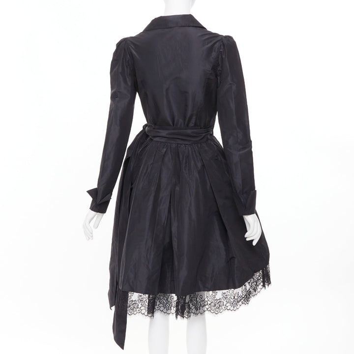 DIANE VON FURSTENBERG black scalloped lace hem silk taffeta wrap dress US8 L