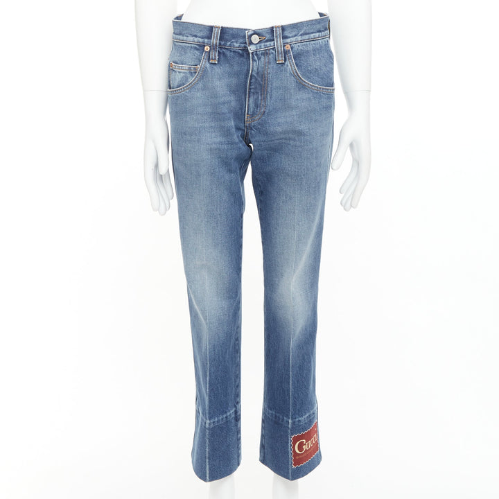 GUCCI Alessandro Michele blue washed cotton red logo patch flared jeans 28"