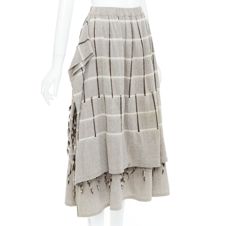 ISSEY MIYAKE 1980's Vintage grey checked fringe trim layered skirt M Rare