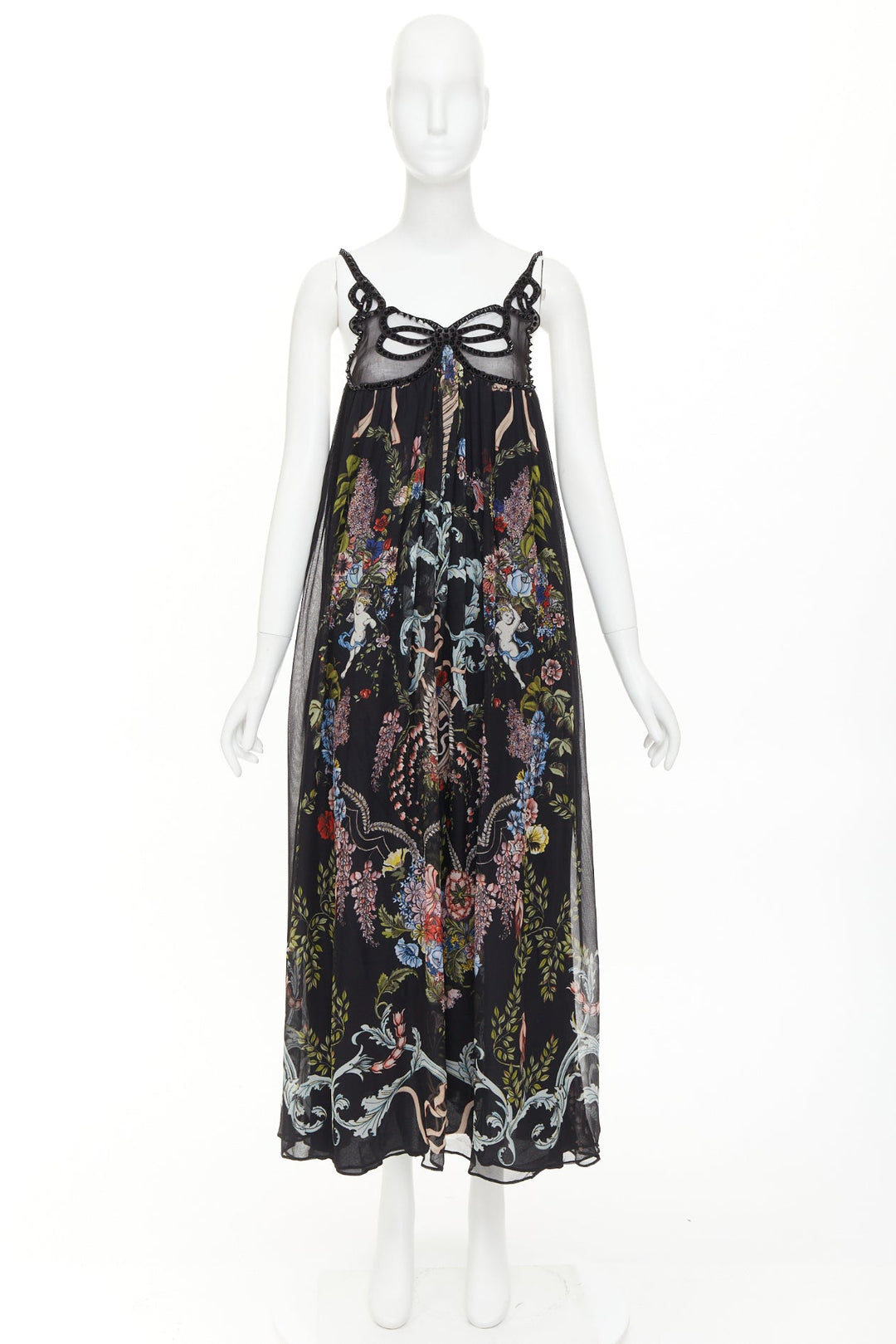 rare FENDI 2017 Riwau Blazon Cherub Gauze black silk empire gown dress FR38 M
