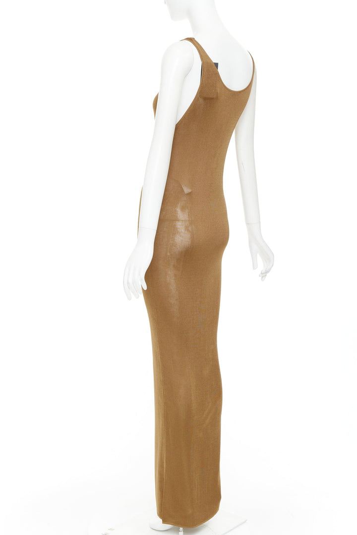 SAINT LAURENT 2022 brown slinky scoop neck sheer knit maxi dress XS