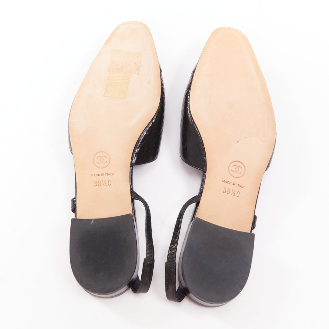 CHANEL two tone gunmetal cap toe black texture leather CC slingback flats EU38.5