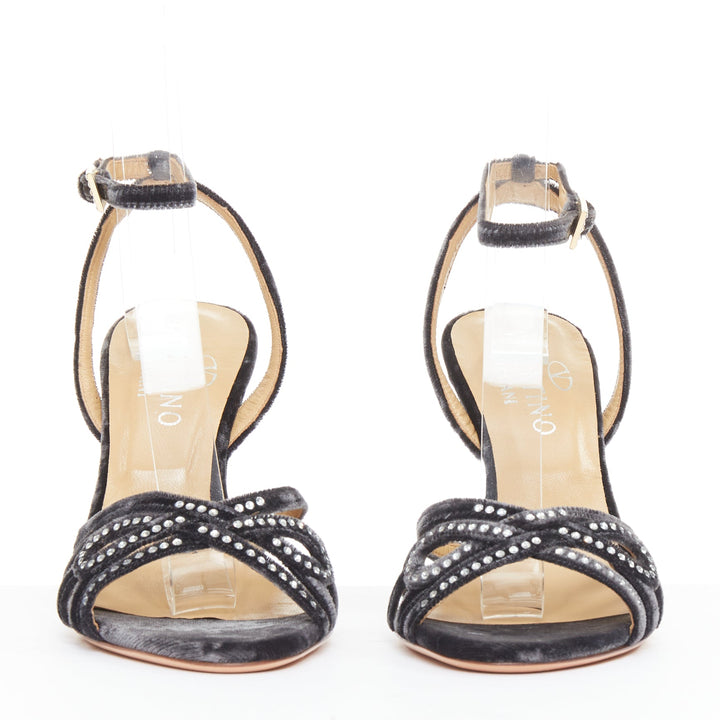 VALENTINO GARAVANI Vintage dark grey crushed velvet crystal wedge sandals EU36