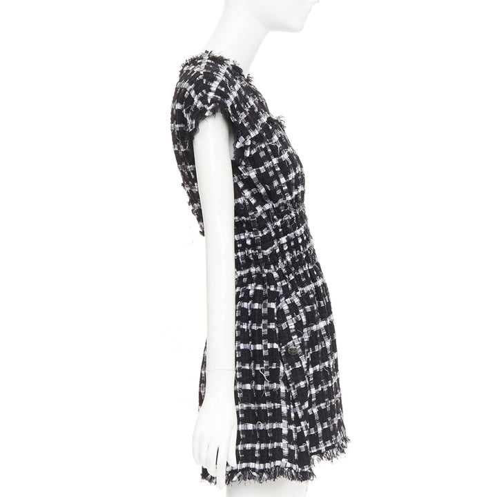 CHANEL 2011 black white checkered frayed tweed buttons ruched mini dress FR36 S