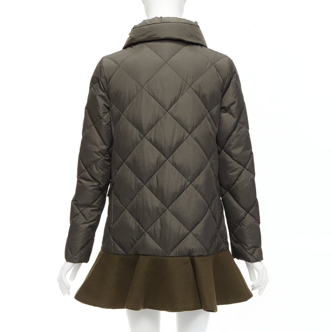 MONCLER Norme Afnor khaki quilted virgin wool blend frill hem coat Sz1 M