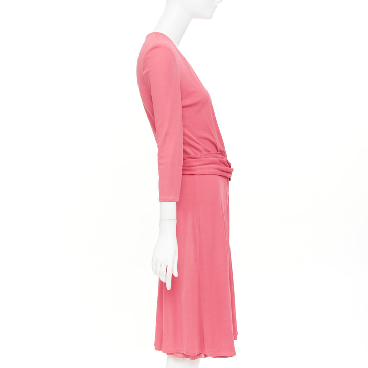 GUCCI 2007 pink viscose gold link buckle asymmetric drape wrapped midi dress M