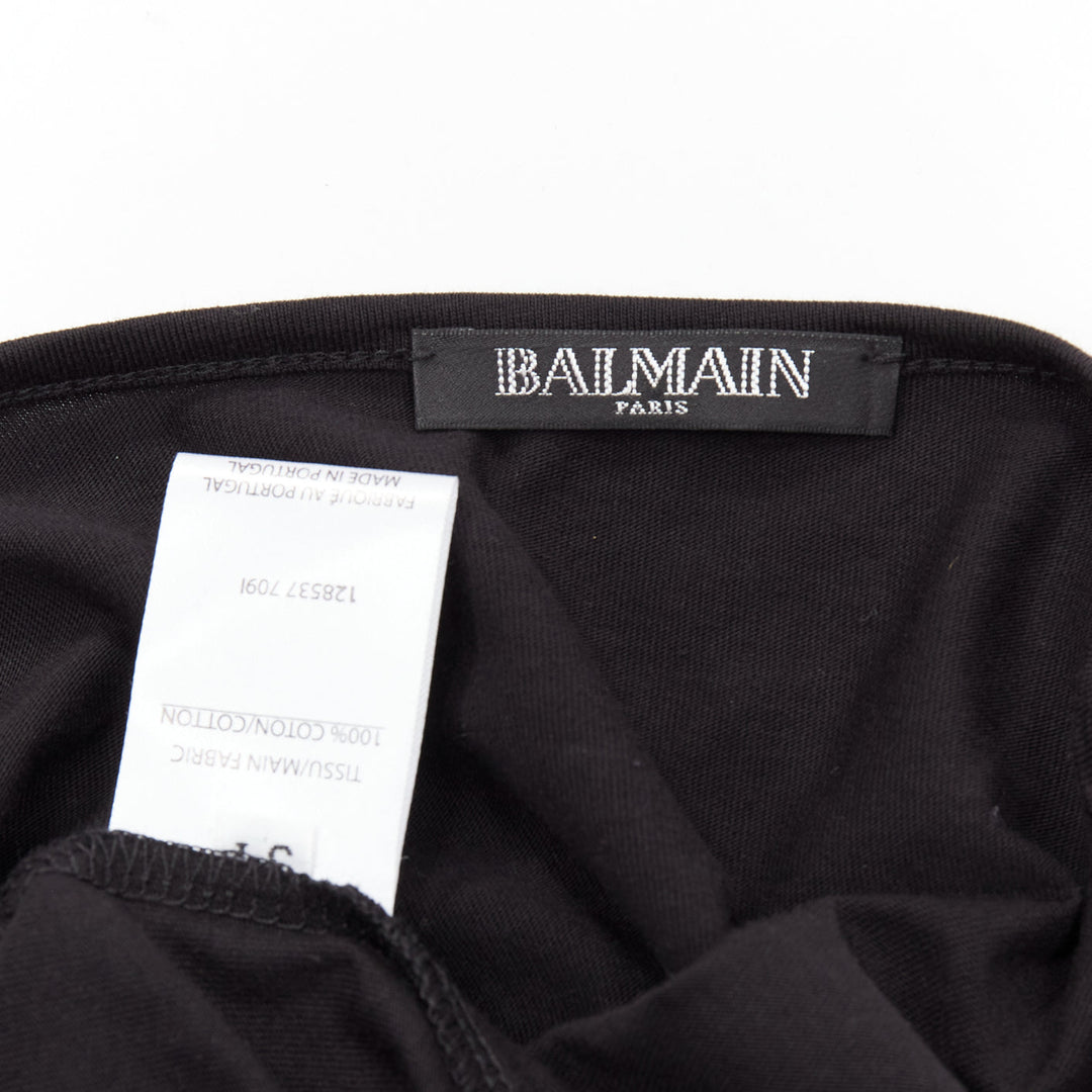 BALMAIN black cotton crest logo silver button shoulder tank top vest FR34 XS