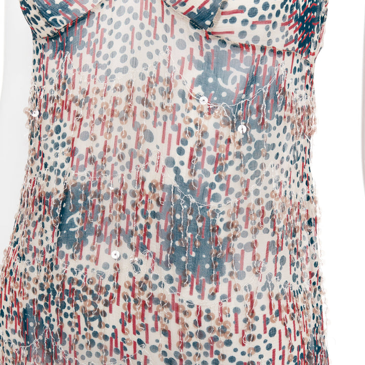 CHANEL 02A beige red sequin fringe applique sheer camisole FR38 M