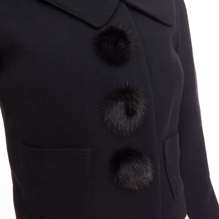LOUIS VUITTON 2007 black wool crepe Mink fur button cropped jacket FR38 M