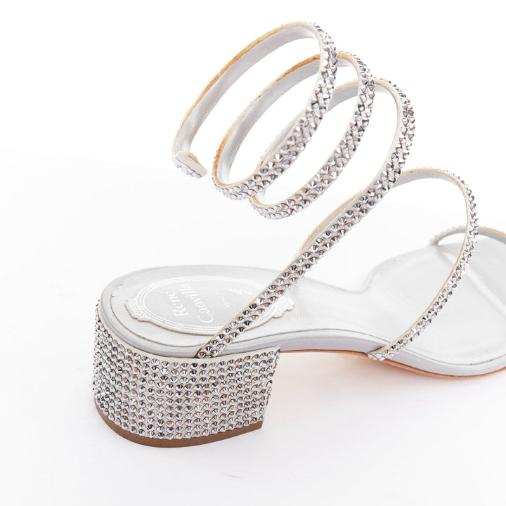 RENE CAOVILLA Cleo 45 silver strass crystal wrap around block heels EU37.5