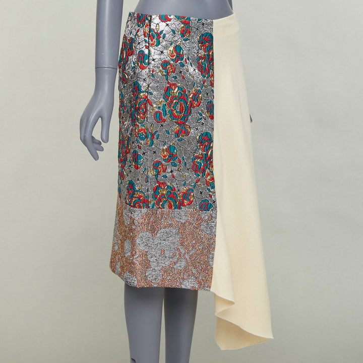 STELLA MCCARTNEY 2015 cream wool blend silver ethnic jacquard midi skirt IT40 S