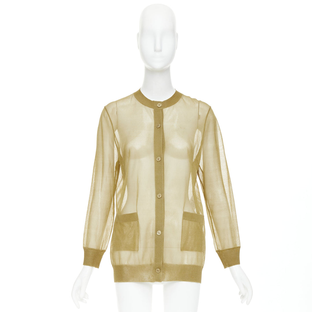 SAINT LAURENT 2024 100% silk  beige gold sheer crew neck cardigan top L