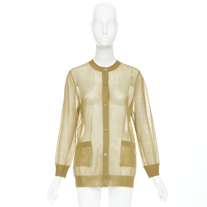 SAINT LAURENT 2024 100% silk  beige gold sheer crew neck cardigan top L