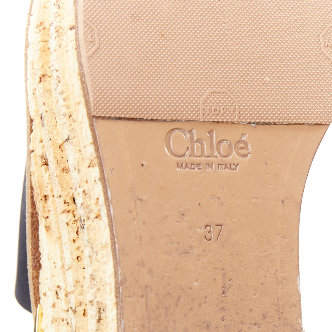 CHLOE navy leather brown cork platform wedge sandals EU37