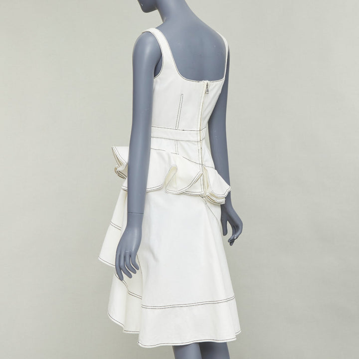 ALEXANDER MCQUEEN 2019 cream denim black topstitch ruffle peplum dress IT40 M