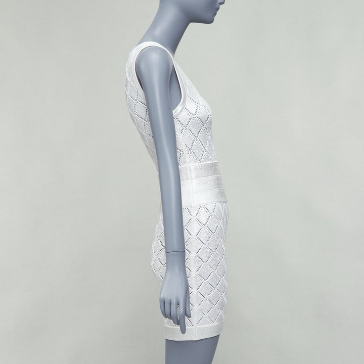 BALMAIN metallic silver coated cream argyle knit mini dress FR34 XS