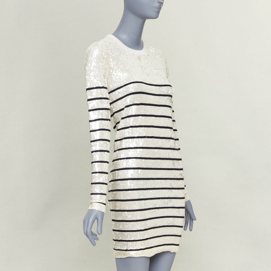 MARKUS LUPFER 100% merino wool cream black striped sequinned knit dress S