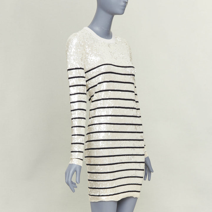 MARKUS LUPFER 100% merino wool cream black striped sequinned knit dress S