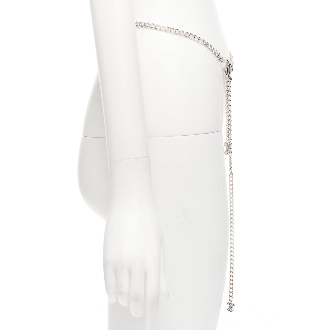 CHANEL 10V black CC silver chain 3 charms hanging chain waist belt