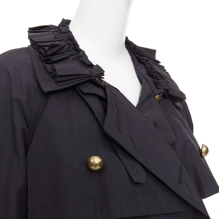 YVES SAINT LAURENT 2006 black nylon ruffle bronze button trench coat FR34 XS