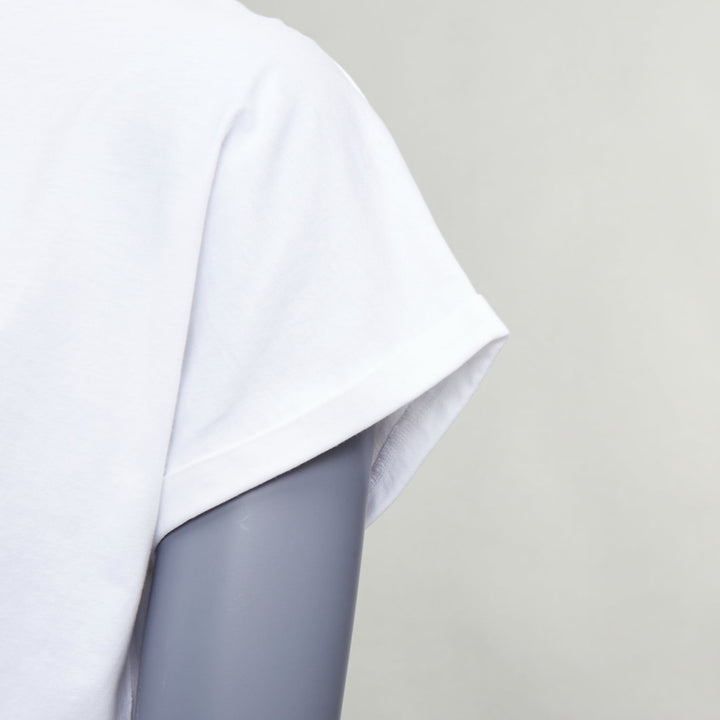 BALMAIN white cotton black logo felt print cap roll sleeve tshirt XS