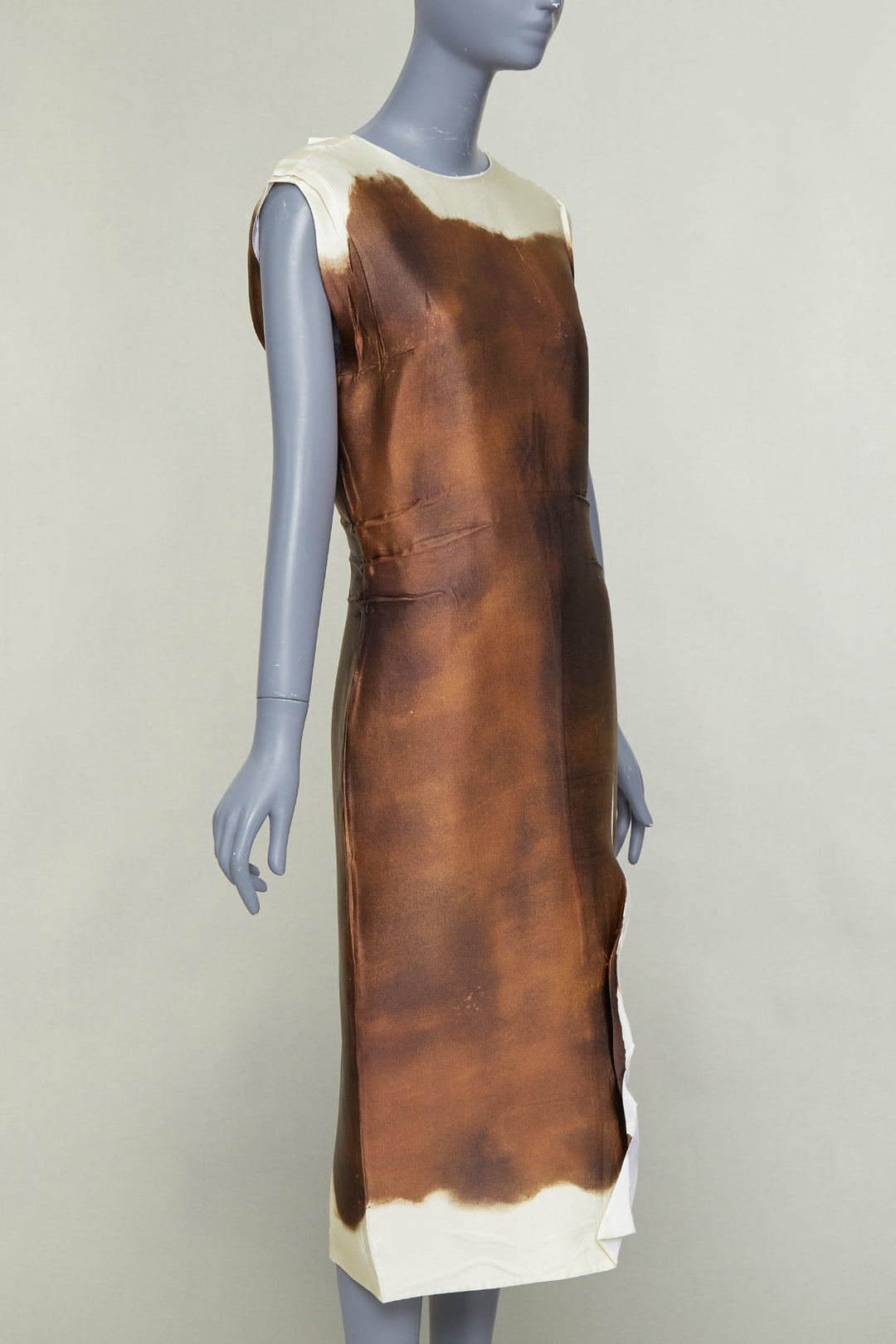 PRADA 2022 Runway brown cream silk blend tie dye trompe loeil slit dress IT38 XS