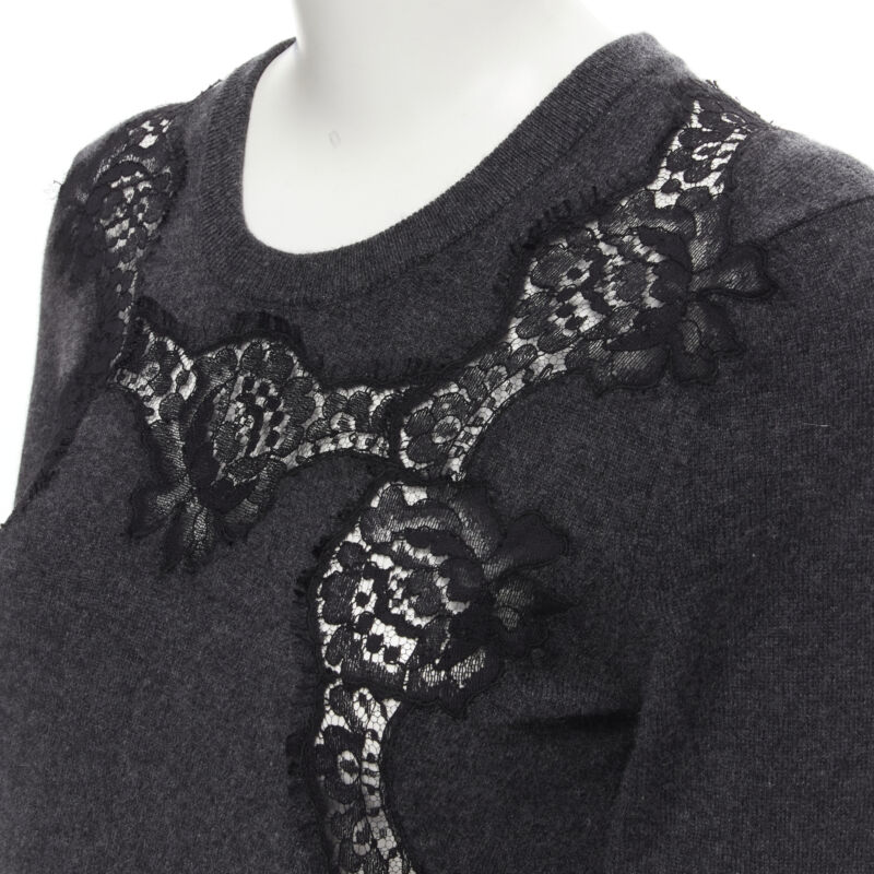 DOLCE GABBANA 100% cashmere grey black floral lace pullover sweater IT44 M