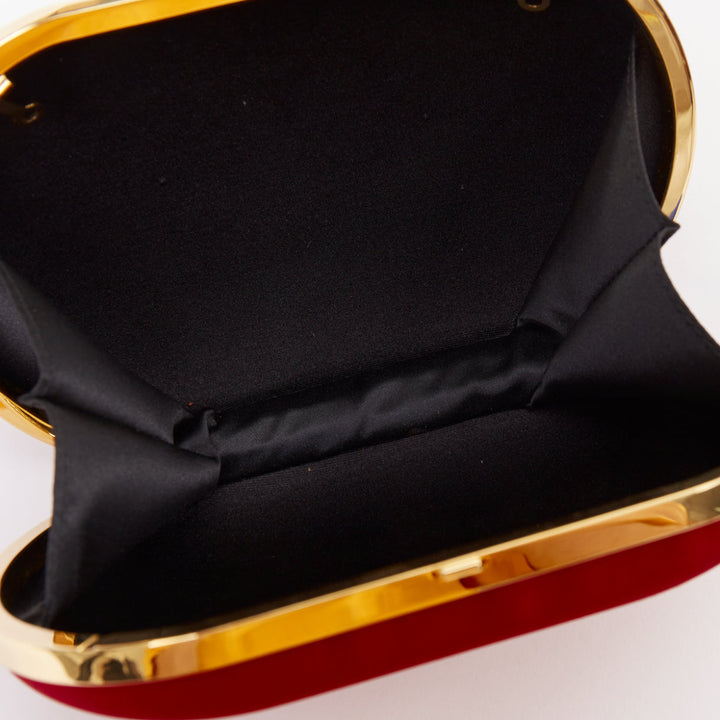 ALEXANDRE VAUTHIER red silk satin logo embossed gold chain oval clutch Lady Gaga