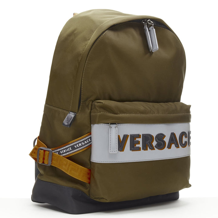 VERSACE Reflective Logo green nylon orange Greca strap backpack