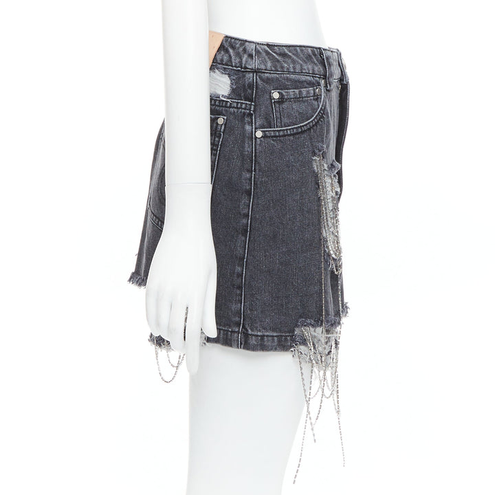 MARK GONG grey denim distressed beaded fringe mini skirt IT36 XXS