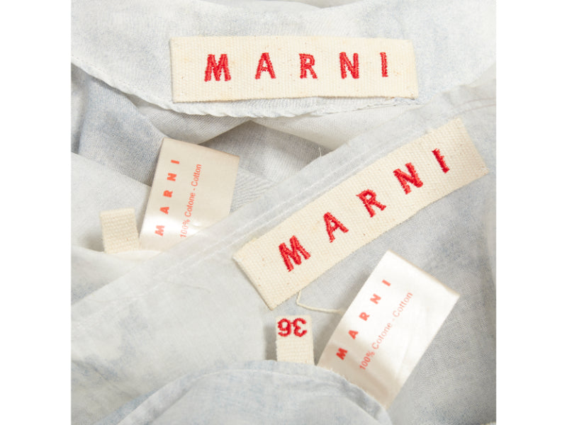 MARNI offwhite steel blue tie dye print cotton round neck layered dress IT36 XXS