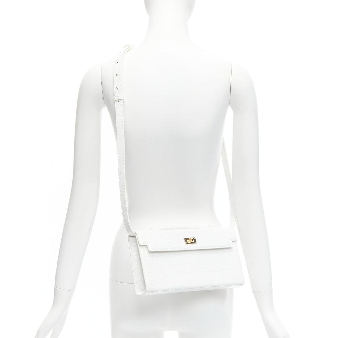 FERIDA YANG Bespoke white matte scaled leather gold buckle long flap clutch