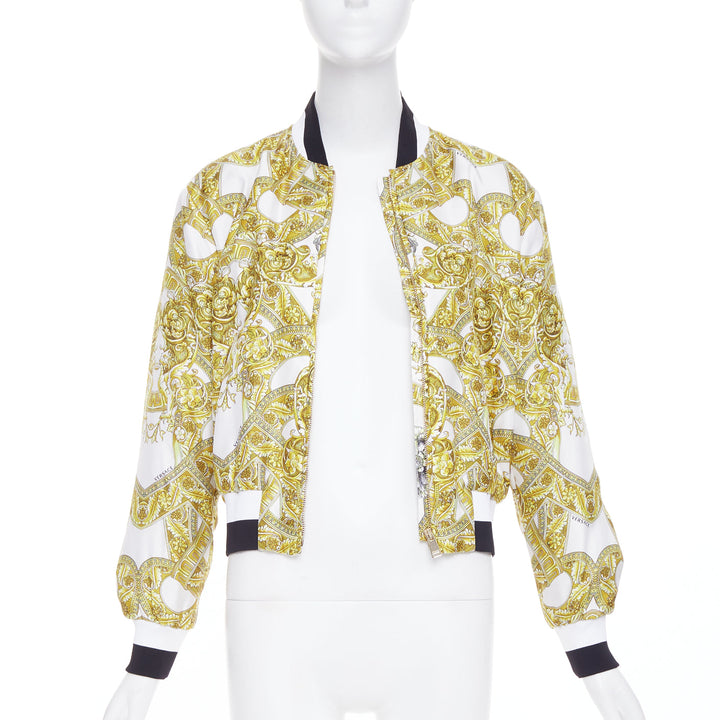 VERSACE 100% silk white gold Barocco chain print cropped bomber IT40 S