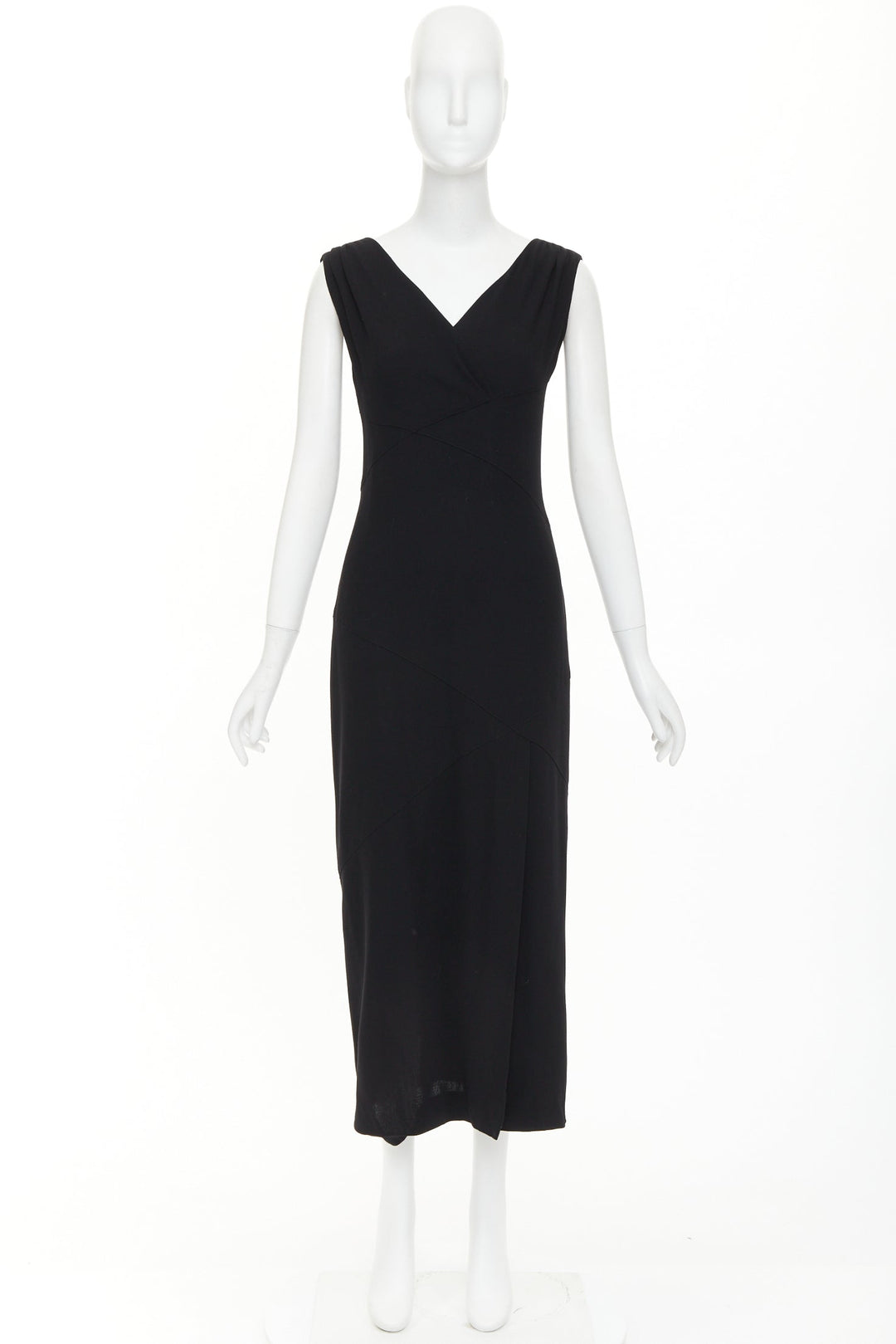 CHANEL 1998 asymmetric surplice black wool crepe cocktail sheath dress FR38 M