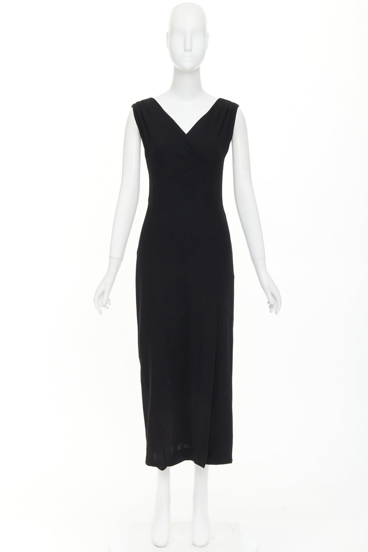 CHANEL 1998 asymmetric surplice black wool crepe cocktail sheath dress FR38 M