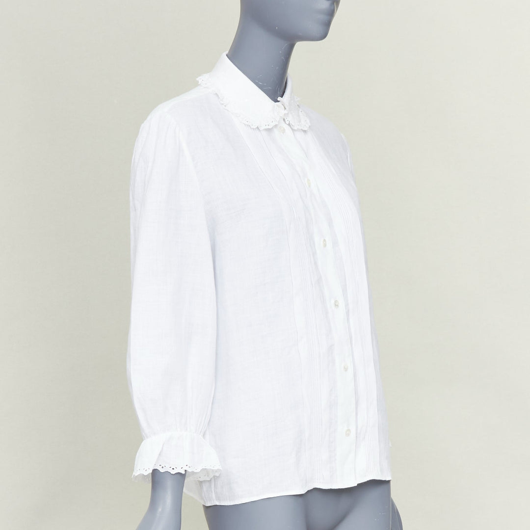 CELINE white linen ramie eyelet ruffled collar embroidered pleated shirt FR36 S