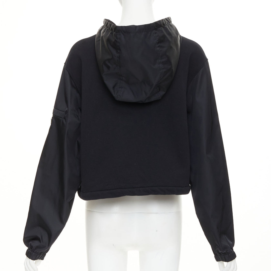 PRADA 2021 black Re-Nylon sleeve triangle logo cotton cropped hoodie M
