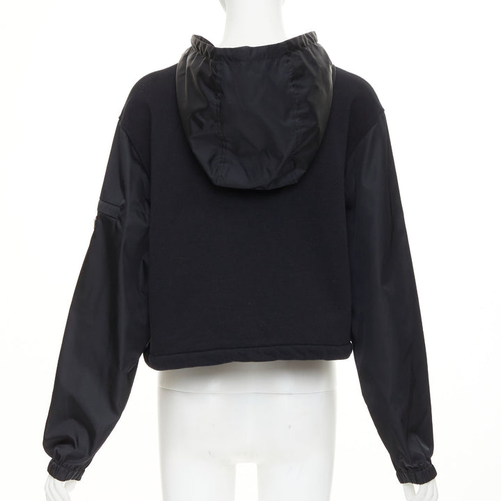 PRADA 2021 black Re-Nylon sleeve triangle logo cotton cropped hoodie M