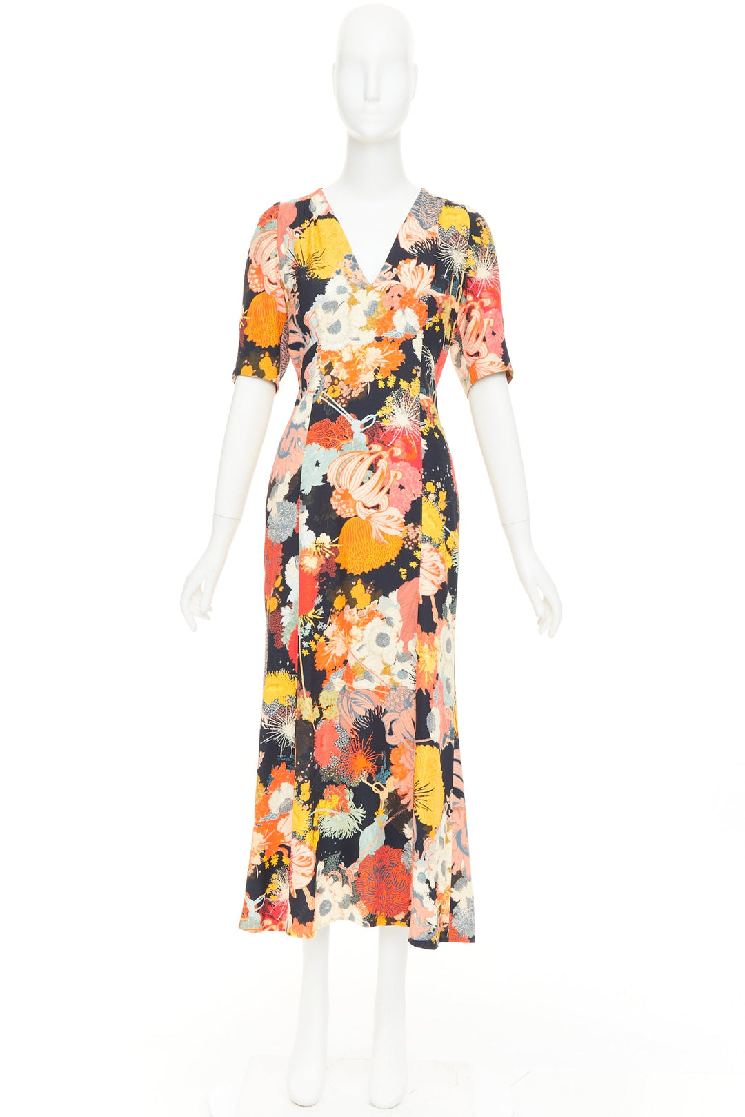DRIES VAN NOTEN 2017 Runway orange yellow black floral Vneck midi dress FR36 S