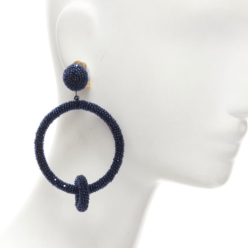 OSCAR DE LA RENTA black fully beaded double hoop drop clip on earrings