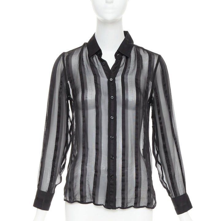 SAINT LAURENT 2013 black 100% silk vertical stripes sheer collared shirt FR36 S