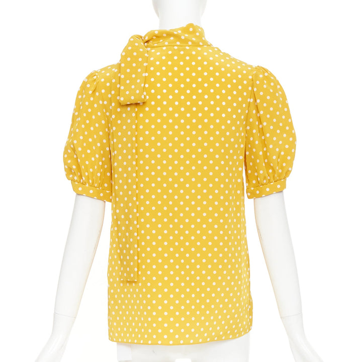 CELINE  100% silk yellow polka dot side pussybow puff sleeves blouse top FR36 S