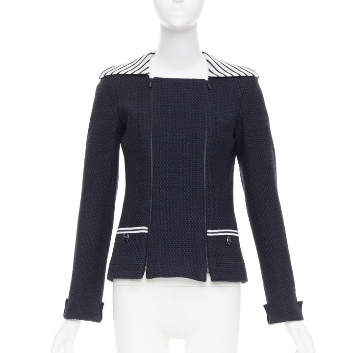 CHANEL 2017 navy white black nautical striped collar woven jacket FR34 XS