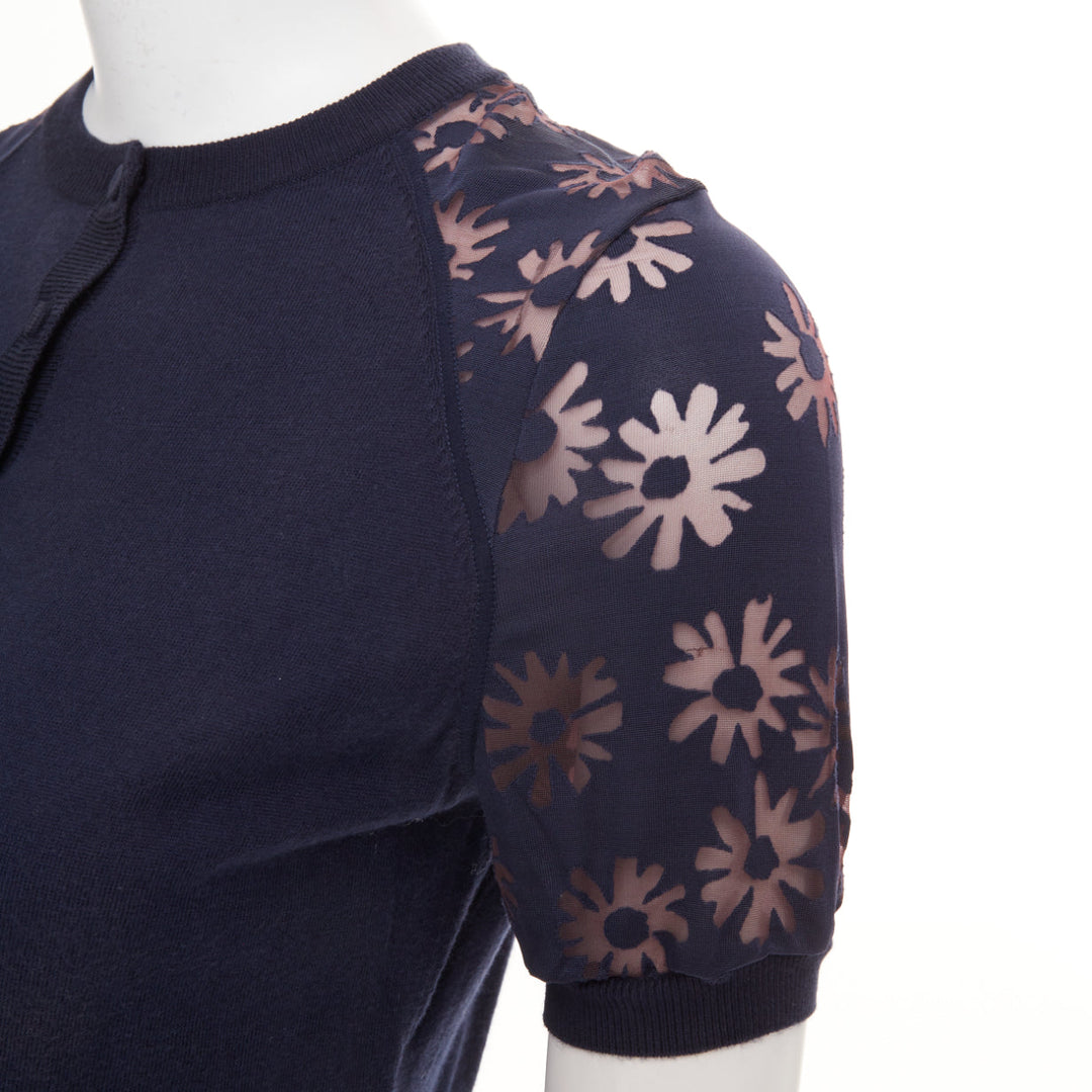 NINA RICCI navy viscose cotton sheer floral sleeve henley pullover sweater S