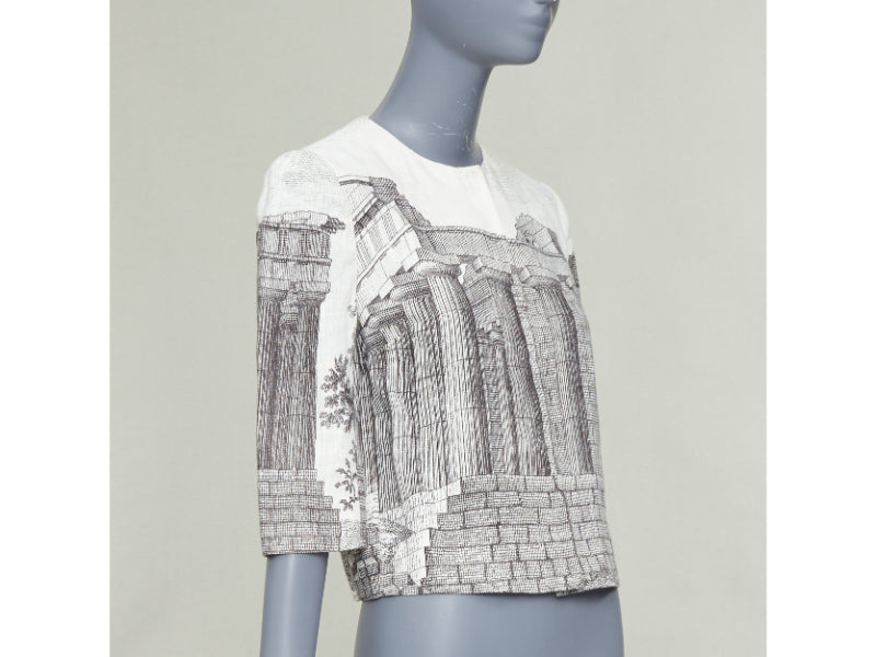 DOLCE GABBANA 2014 cream linen grey Greek Temple printed flax crop jacket IT40 S